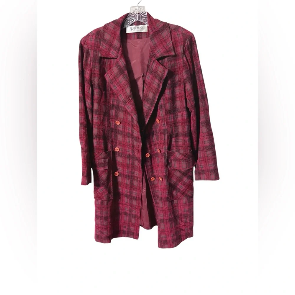 Burgundy Plaid Chenille Mix Double Breasted Coat Size S Dark Academia He… - Picture 2 of 9